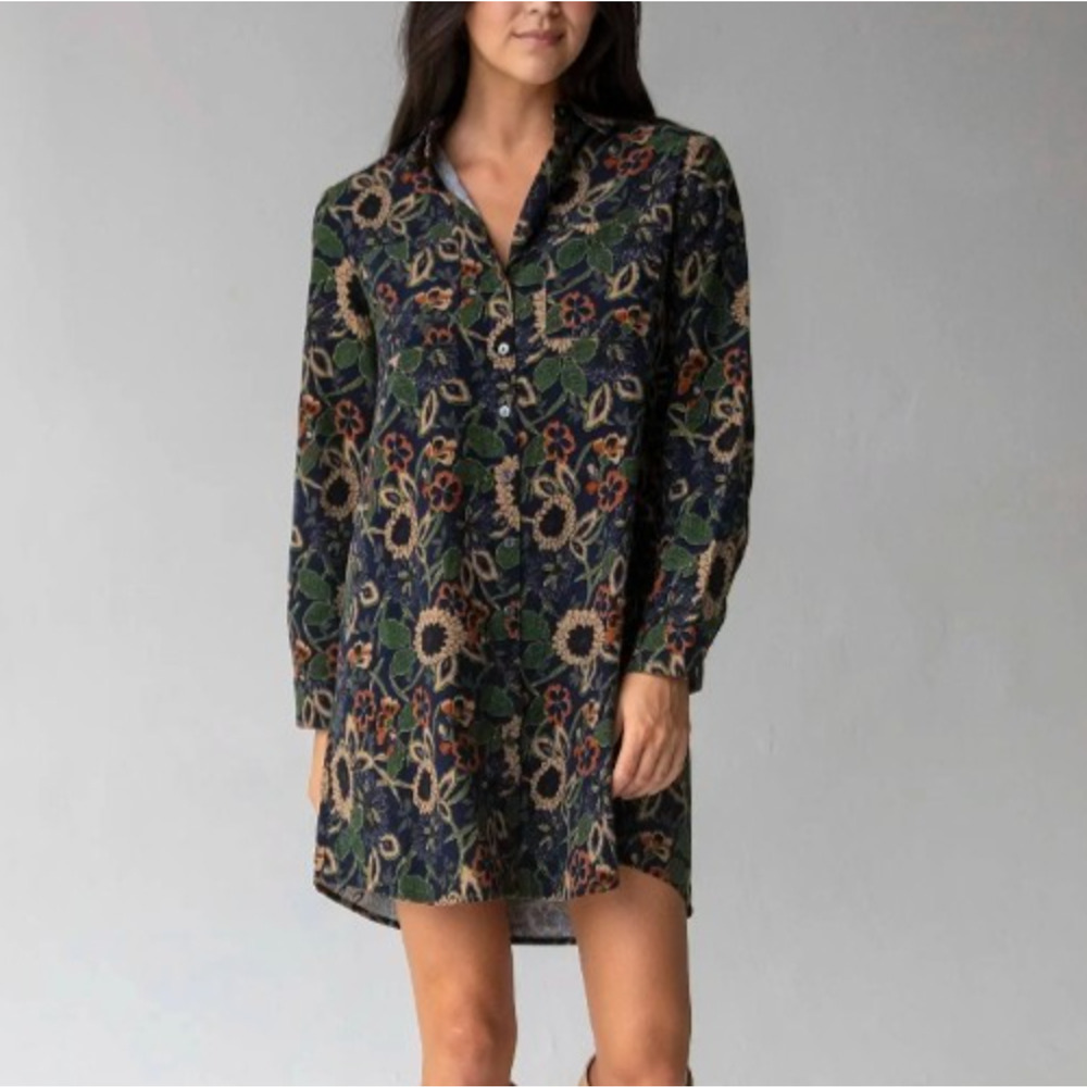 Natural Life Cotton Rocky Corduroy Dress Size M Navy Tan Dahlias Floral Mini